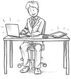 drawing of man in suit at desk