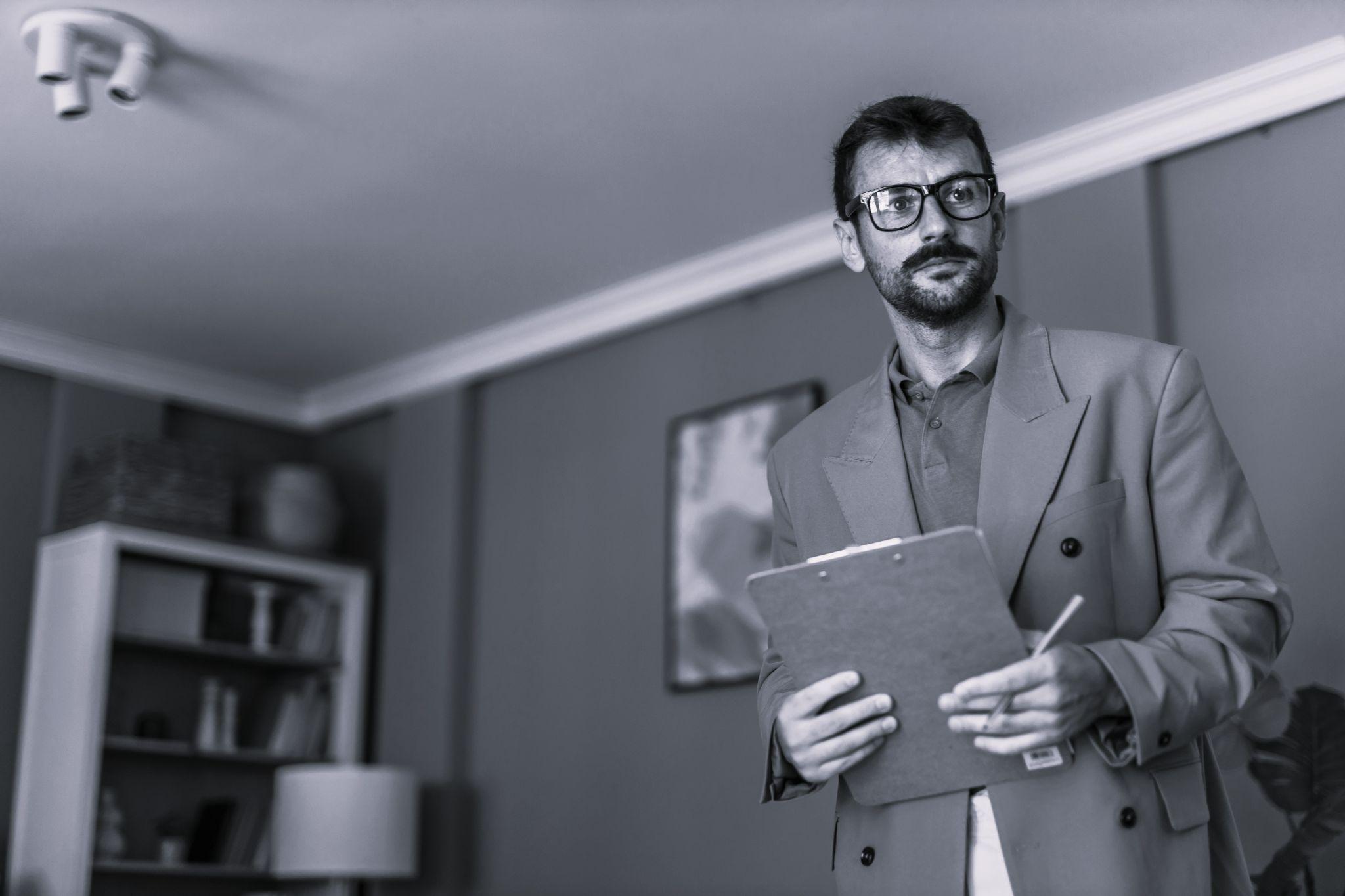 A landlord standing in the middle of a living room with a clipboard
