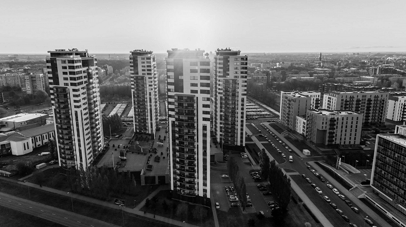 aerial view of tall buildings, skyscrapers
