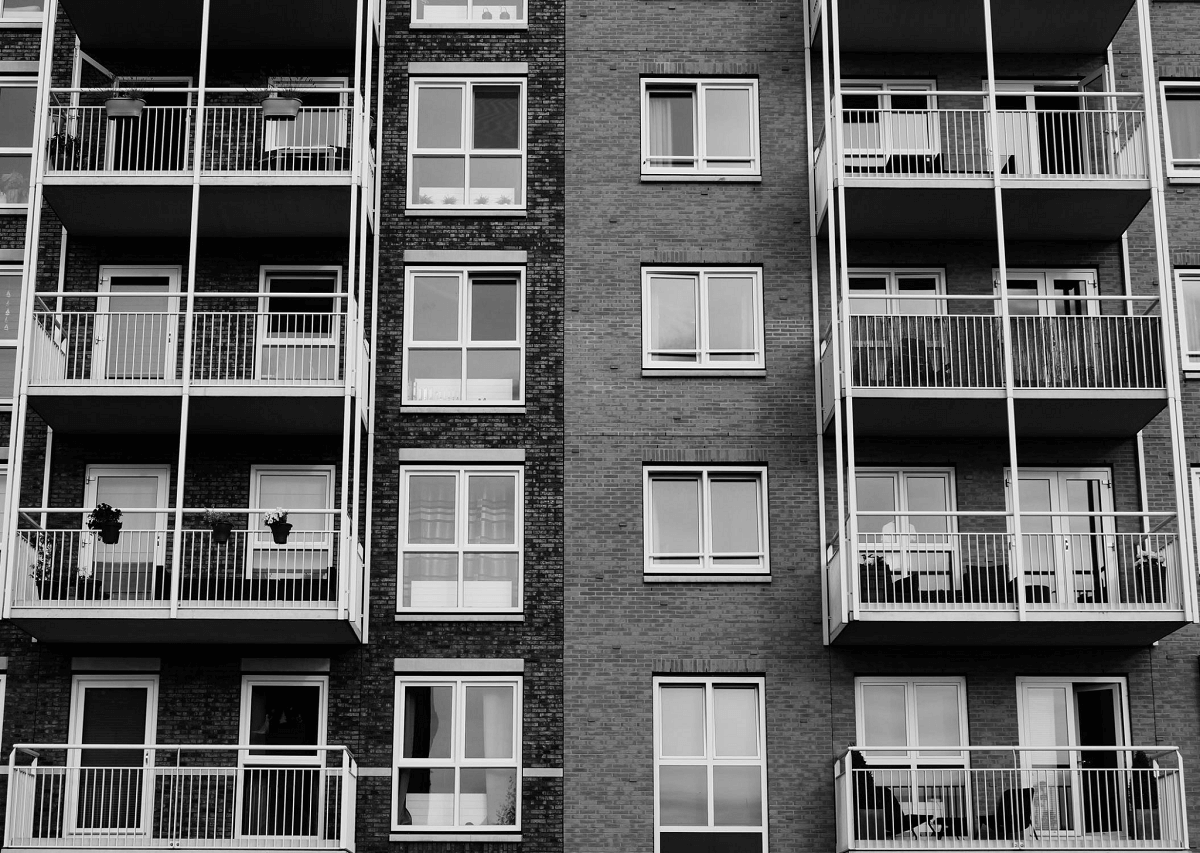Modern apartment building. Black and white.
