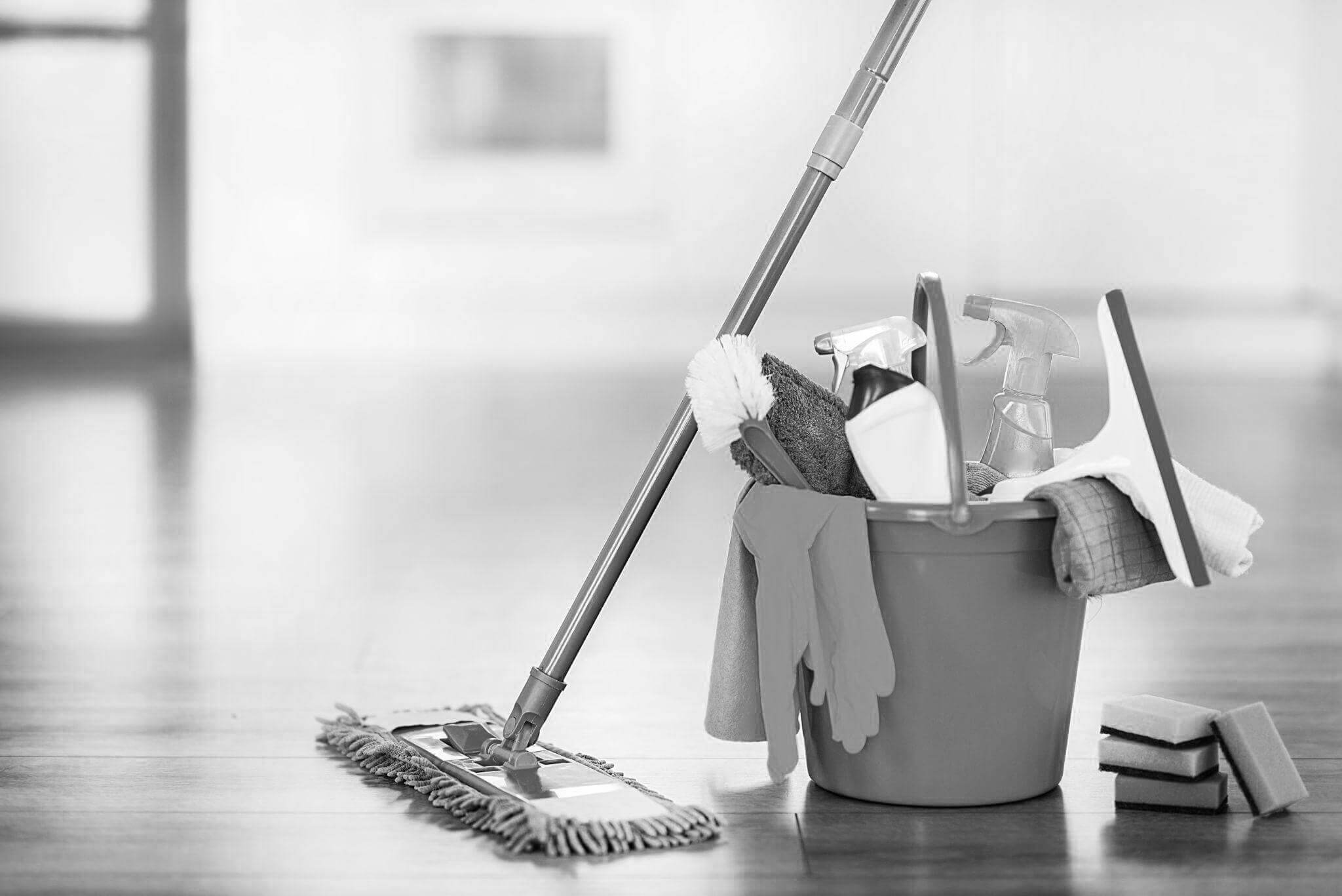 Bucket with cleaning items on blurry modern kitchen background. Washing brush and spray set with copy space.