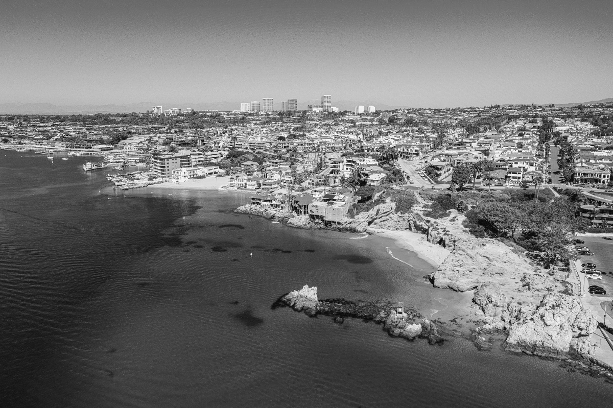 An aerial view of Newport Harbor and Newport Beach, California