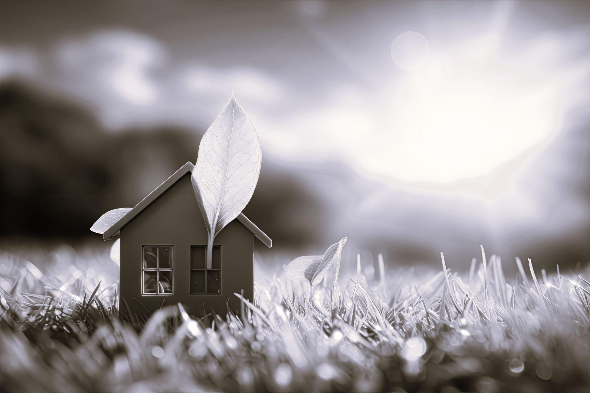 Model house in the meadow with grass and daisies in the evening.