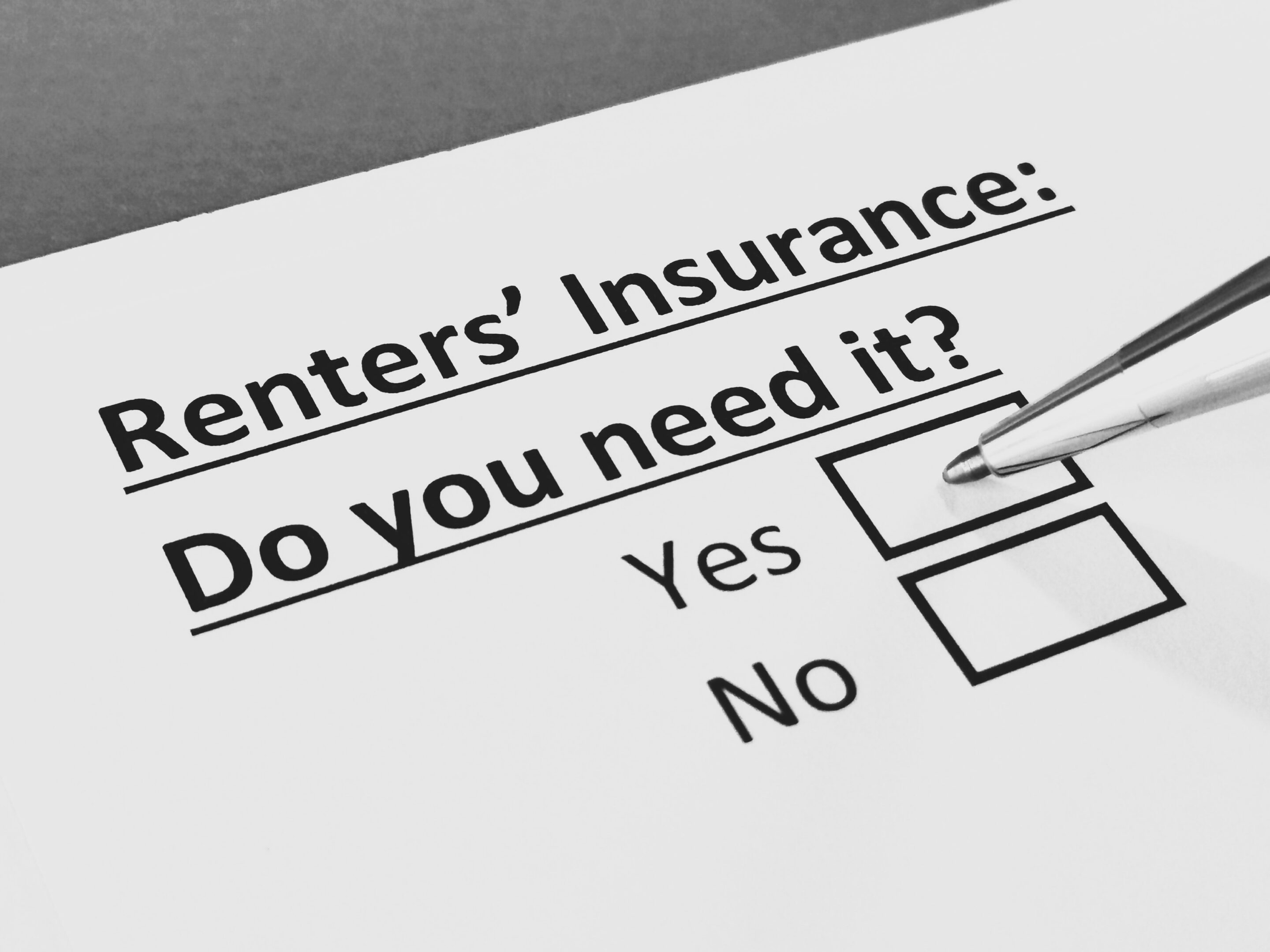 Questionnaire about insurance Renters Insurance: Do you need it? form with yes and no checkbox
