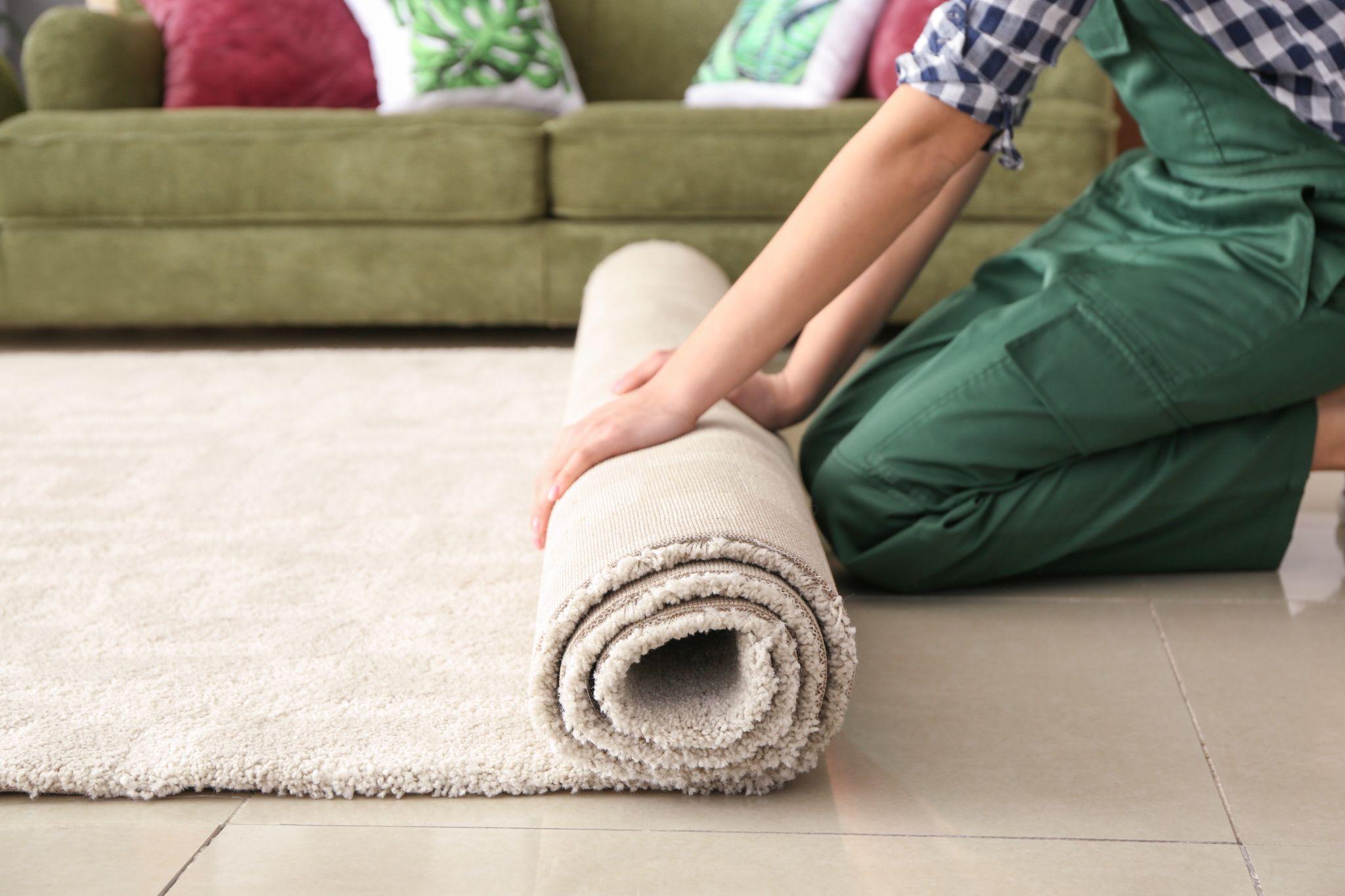 Unrolling a rug in an apartment