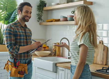 A smiling handyman with a tool belt discusses repairs with a woman in a modern kitchen. The scene is bright, with white cabinets and wood accents.